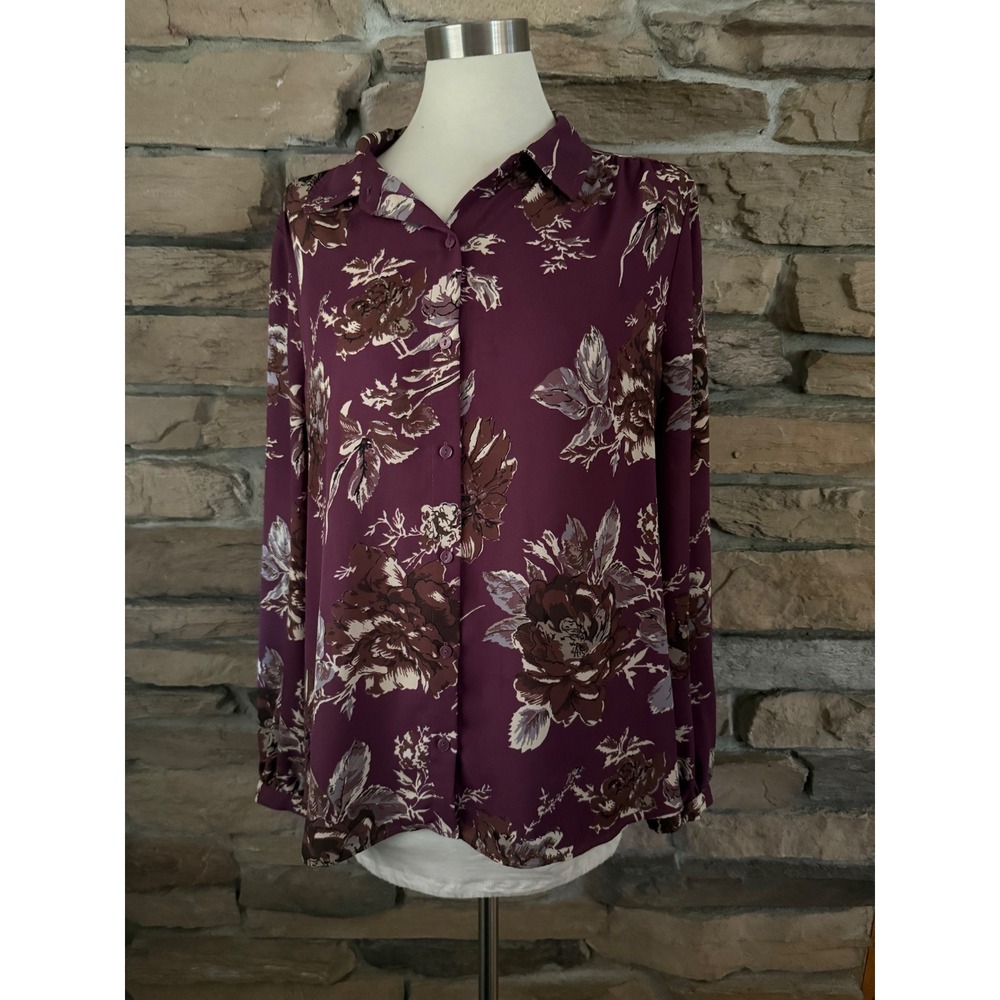 NYDJ Womens Large Plum Purple Floral Button Down Long Sleeve Blouse Top L